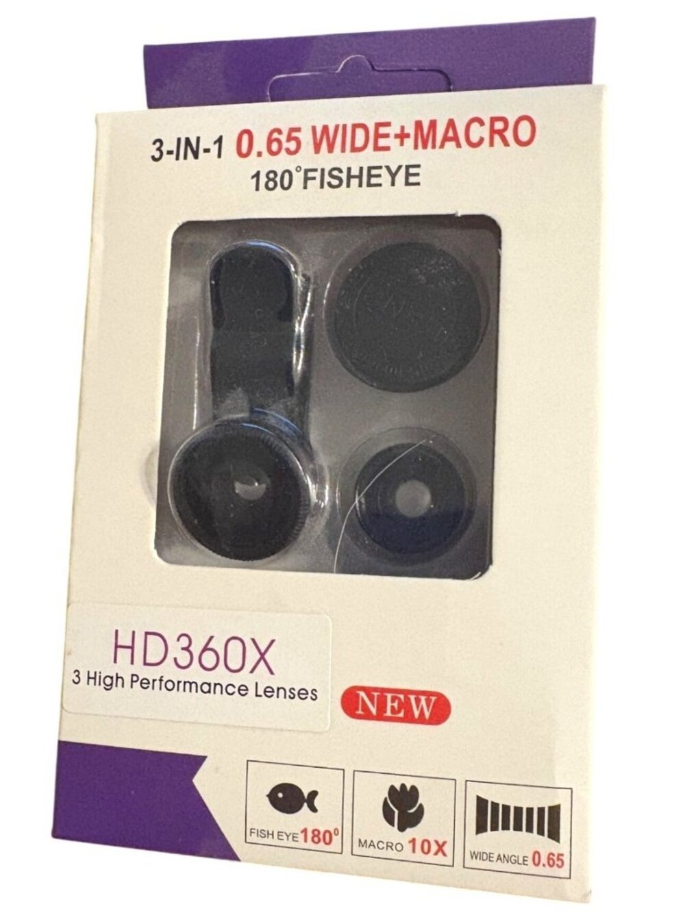 HD360X 3-In-1 Smartphone Lens Kit W/180° Fisheye 0.65X Wide-Angle 10X Macro Lens - Picture 5 of 5